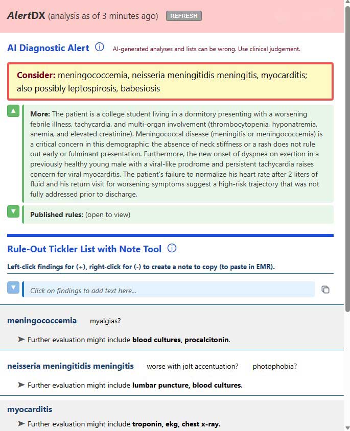 AlertDx sample analysis showing AI diagnostic alert for meningococcemia, meningitis, and myocarditis with rule-out tickler list
